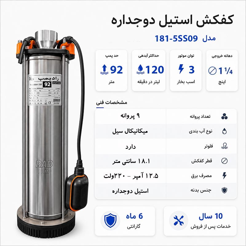 کفکش شناور رادپمپ 92 متری قطر 181 فلوتردار 1.1/4 اینچ