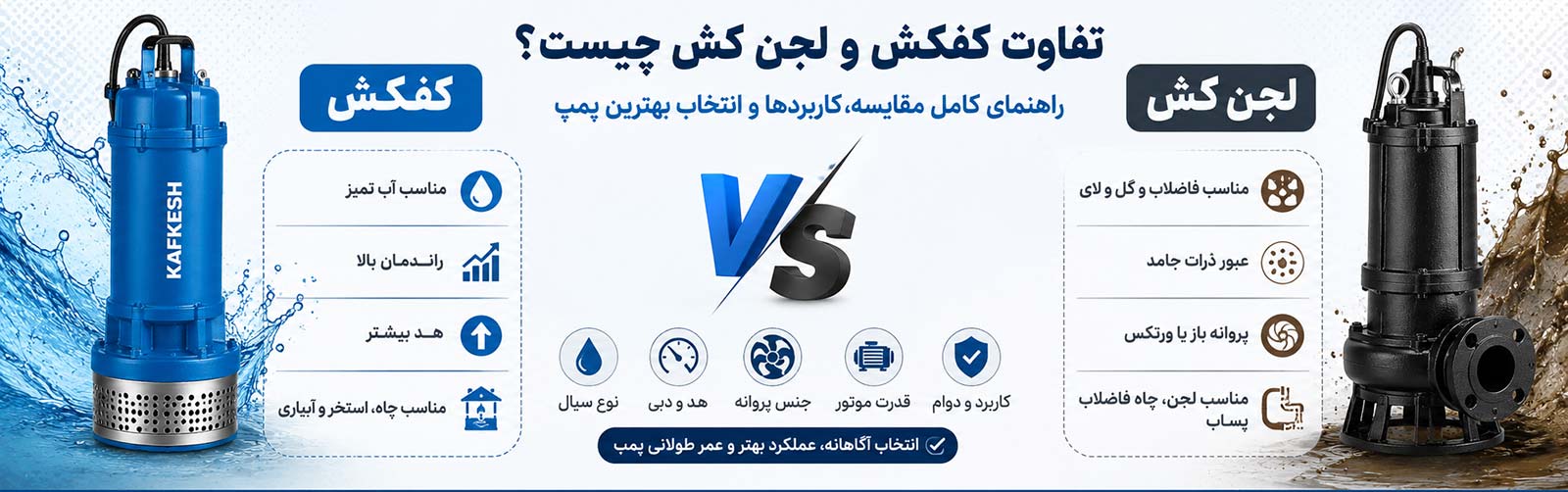 تفاوت کفکش و لجن کش چیست؟ راهنمای کامل مقایسه، کاربردها و انتخاب بهترین پمپ